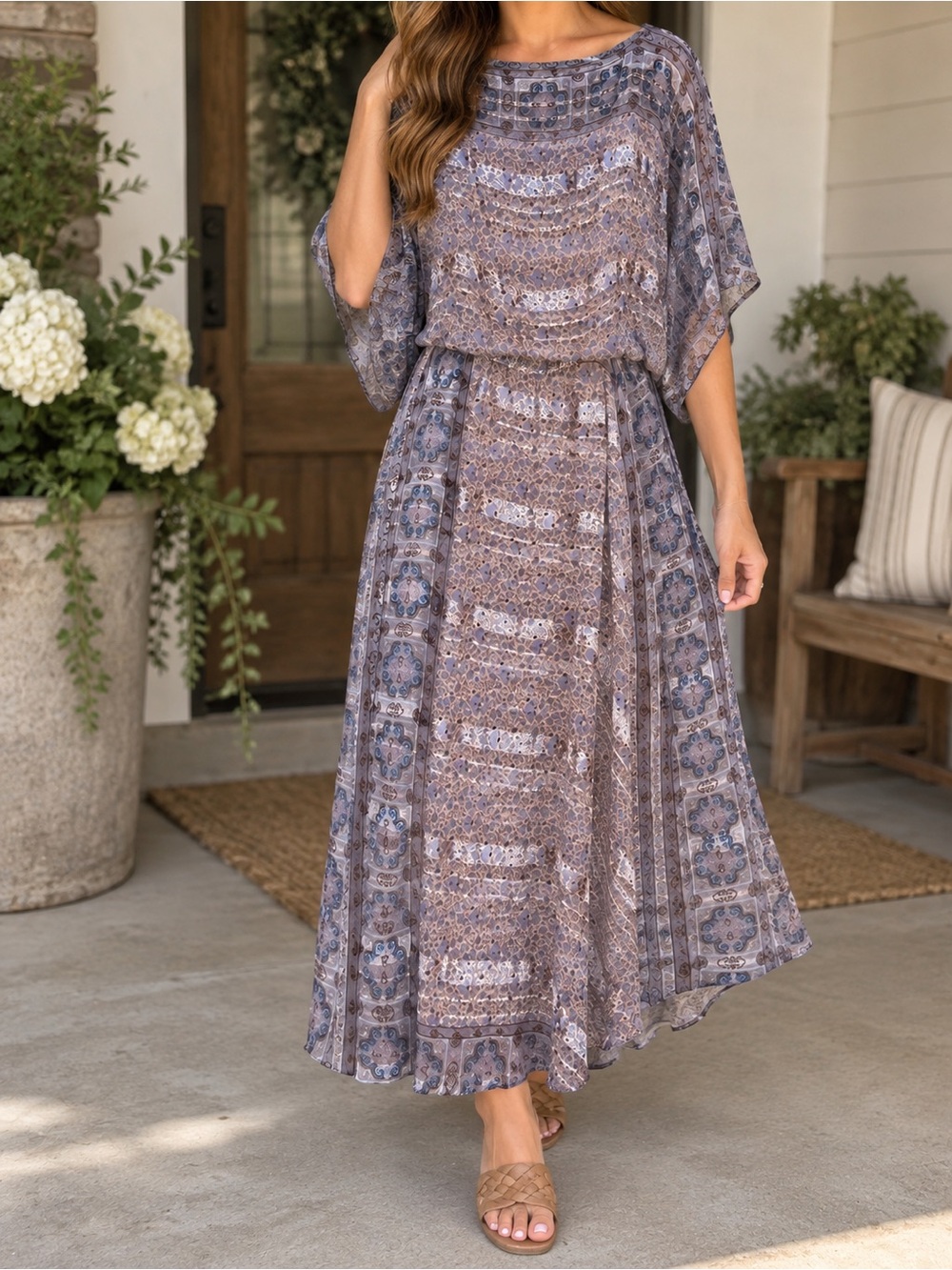 Vintage Saks Fifth Avenue 100% Silk Dress Size 10 Metallic Lurex Boho Midi